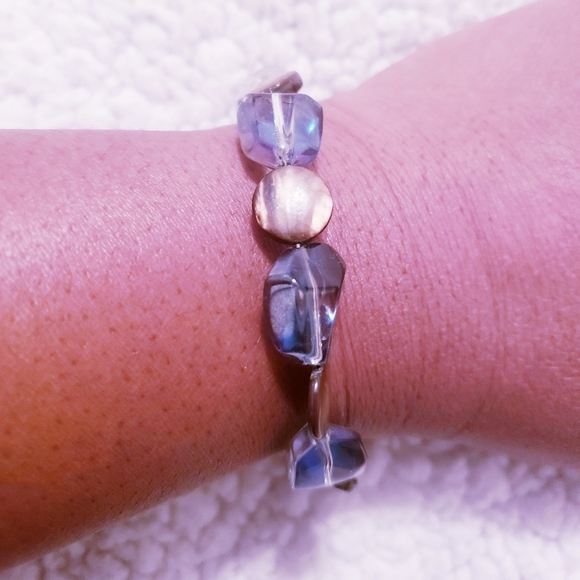 Blue and Brown Beaded Memory Wire Cuff Bracelet. - Picture 5 of 5